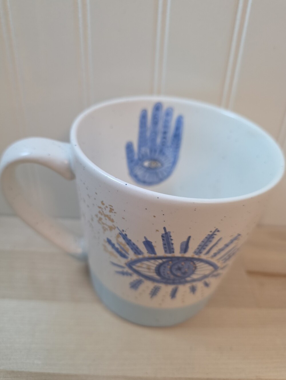 Stay Wild Moon Child Hamsa Hand Celestial Evil Eye Stoneware Mug White Blue Gold